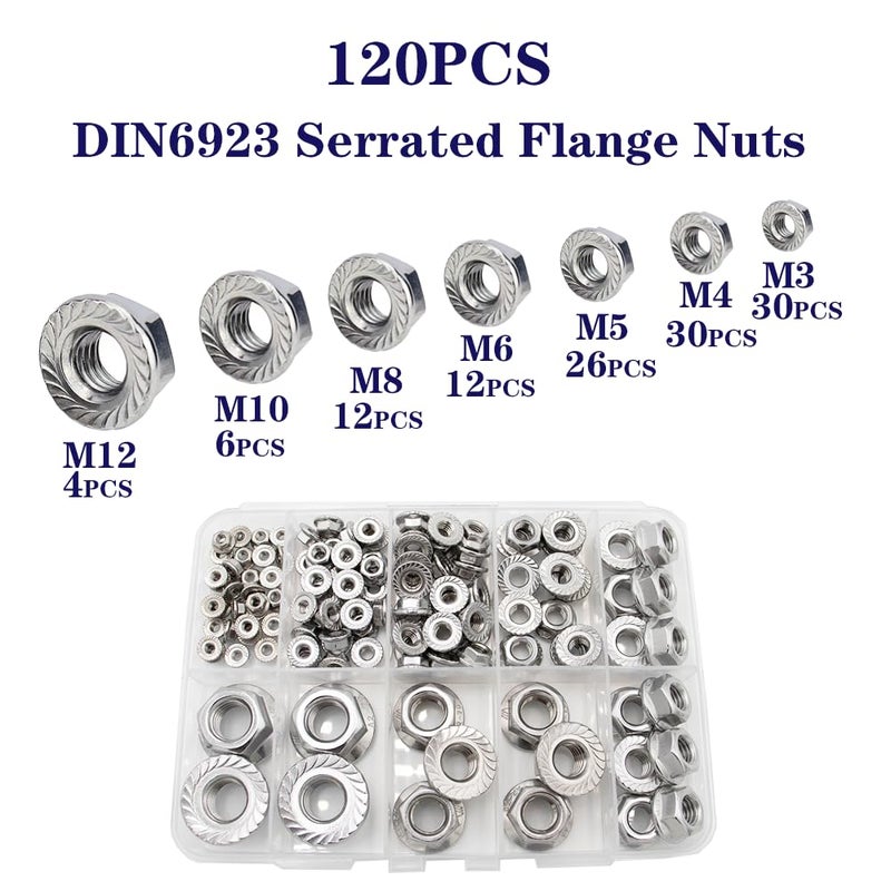 STORMCUBE 120 pcs DIN6923 Serrated Flange Nuts M3 M4 M5 M6 M8 M10 M12 Assortment Kit 304 Stainless Steel Hex Lock Nuts Full Thread for Industrial Construction Fasteners - Image 2